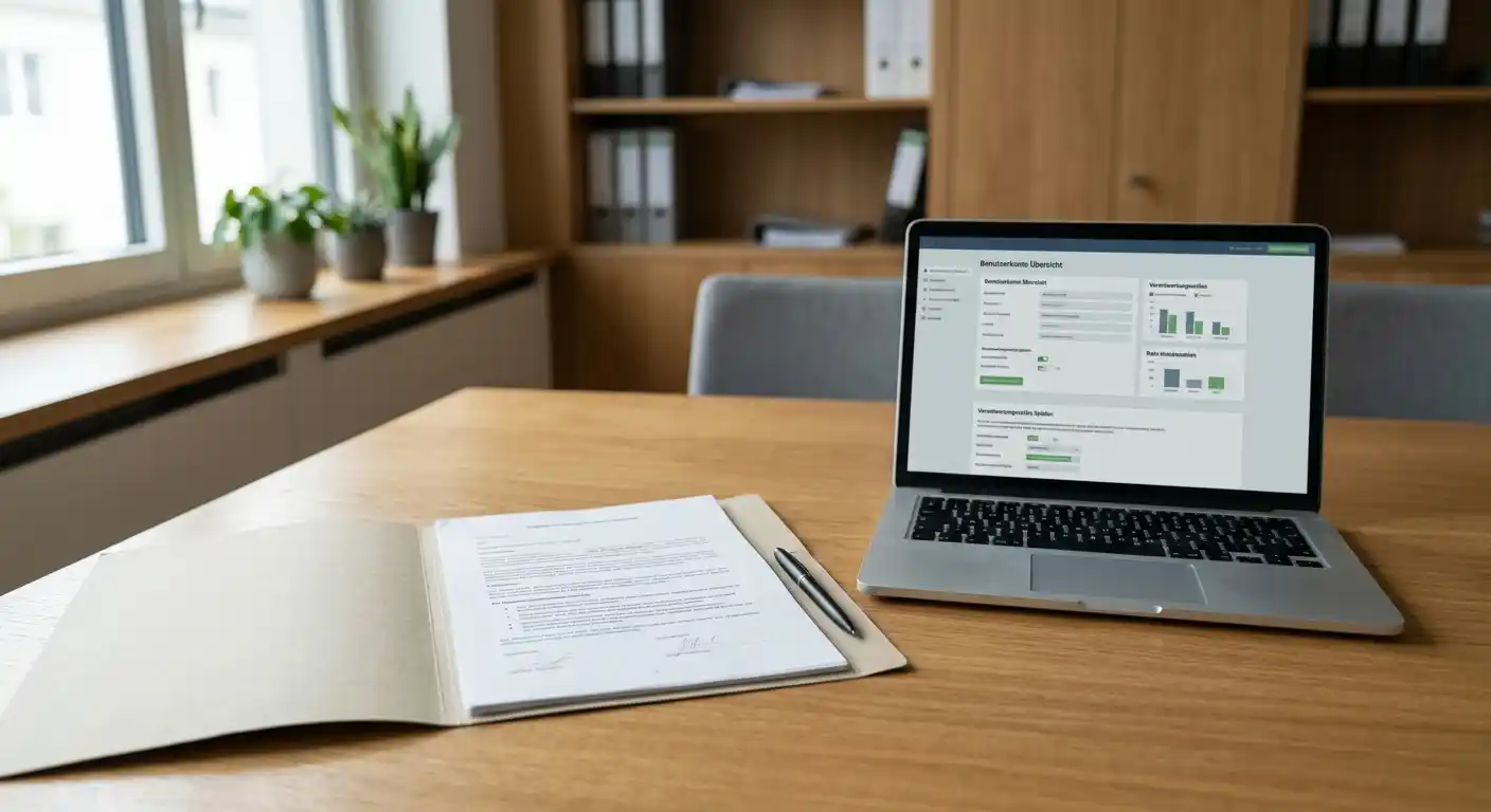 Neutrales Konzessionsdokument neben Laptop mit österreichischer Kassenansicht