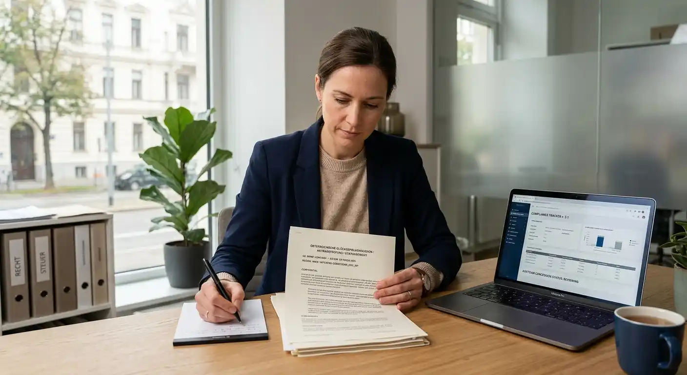 Person prüft ein neutrales österreichisches Konzessionsdokument neben einem Laptop