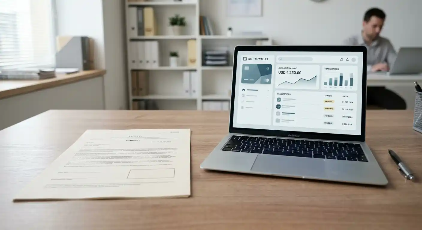 Neutrales österreichisches Konzessionsdokument neben einem Wallet-Zahlungsfenster ohne Logos