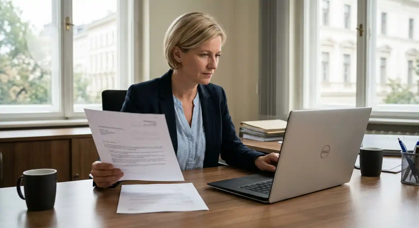 Person prüft ein neutrales Konzessionsdokument neben einem Laptop