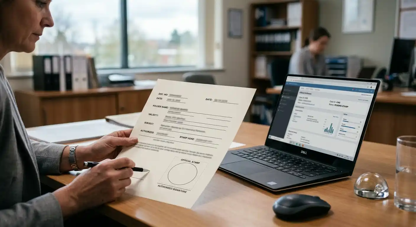 Neutrales Konzessionsdokument neben einem Laptop für die Prüfung österreichischer Glücksspielangebote