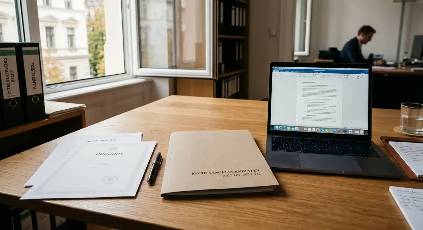 Neutrale österreichische Konzessionsunterlagen neben einem Laptop