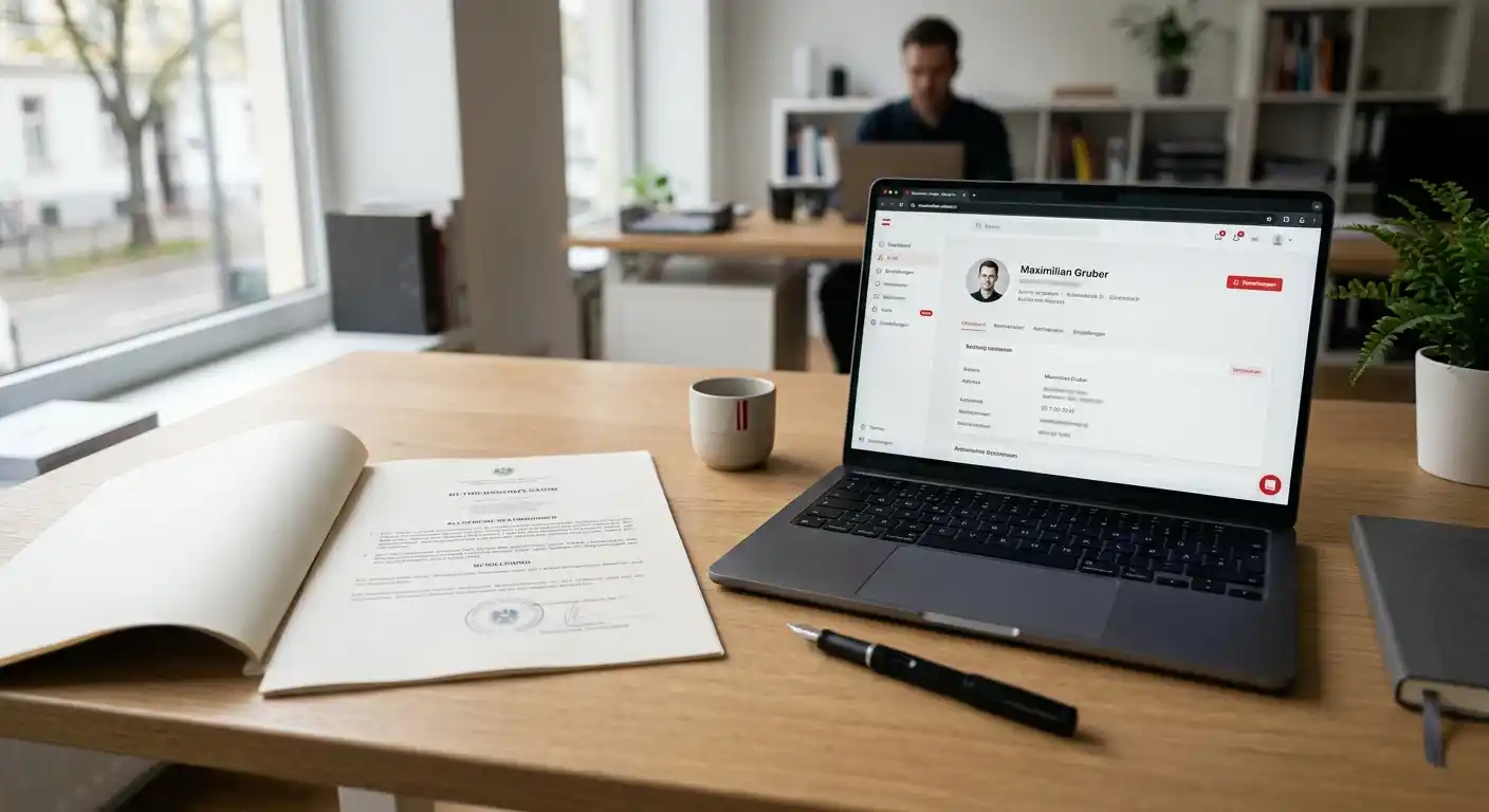 Neutrales Konzessionsdokument neben Laptop mit österreichischem Zahlungsprofil