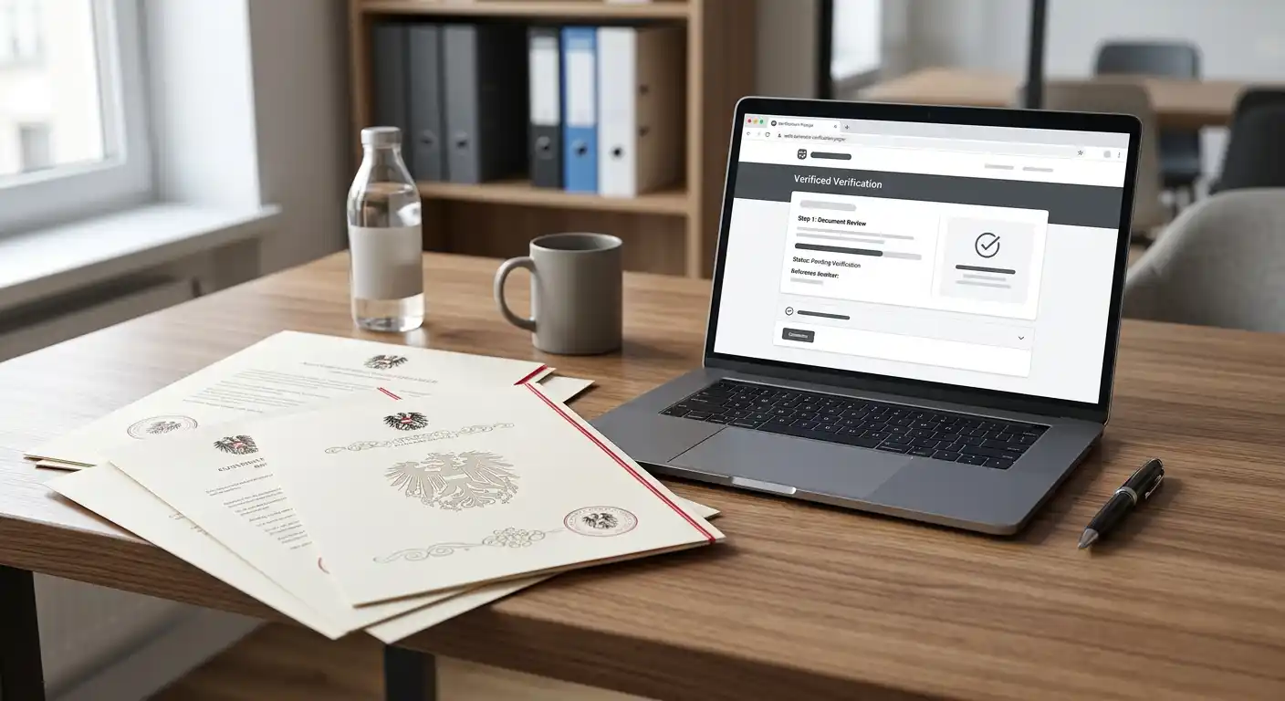Neutrale österreichische Konzessionsunterlagen und Laptop mit sicherer Zahlungsansicht