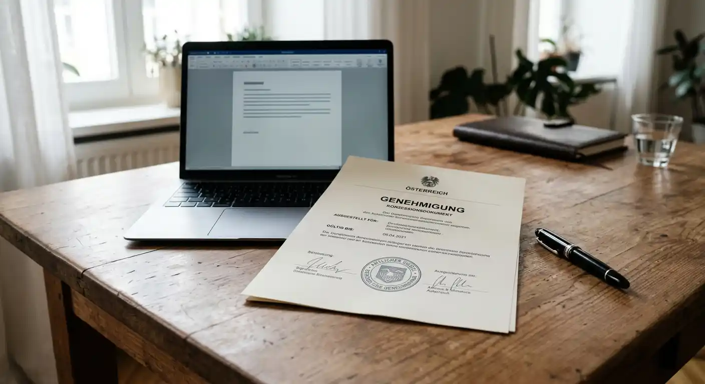 Neutrales österreichisches Konzessionsdokument neben Laptop und Stift, ohne Logos oder lesbaren Text