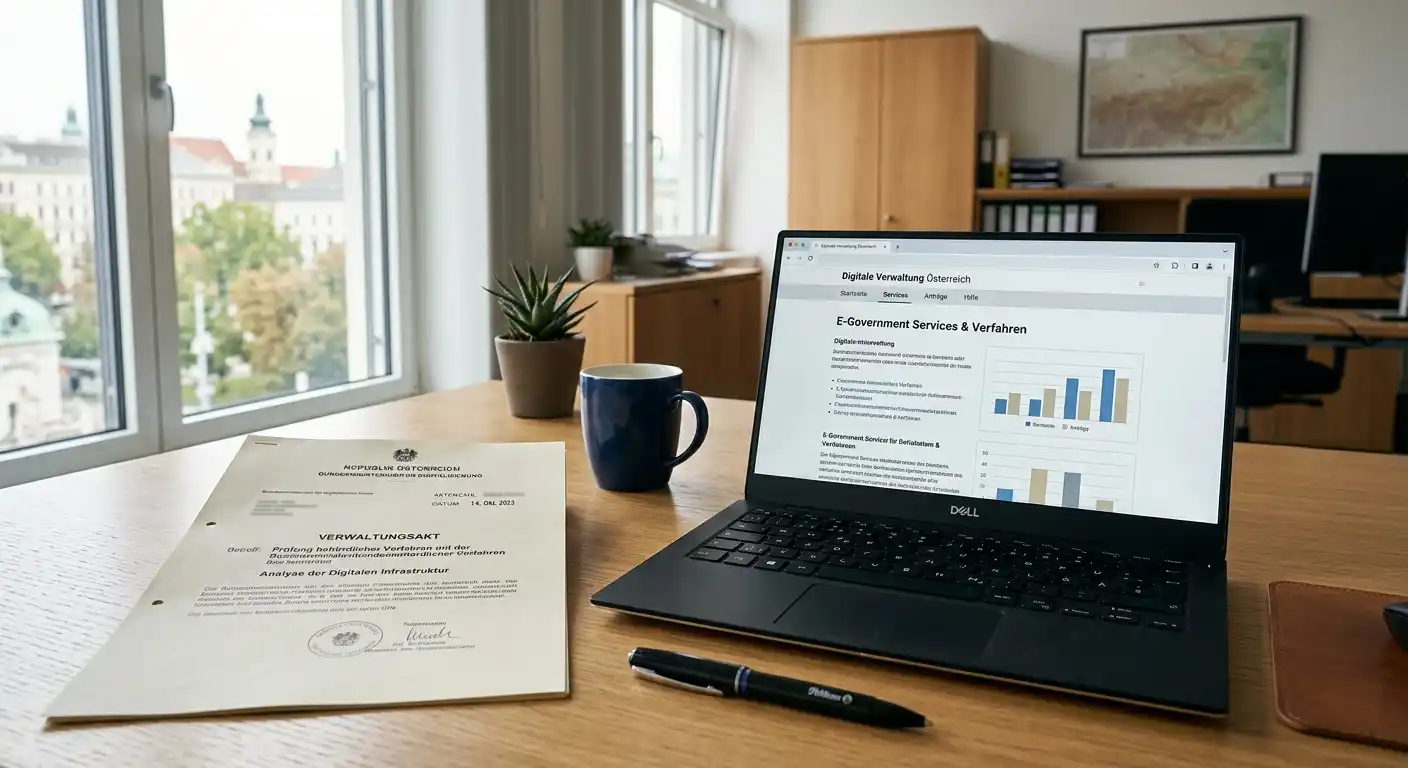 Offizielles Dokument neben neutralem Browserfenster zur österreichischen Glücksspielaufsicht