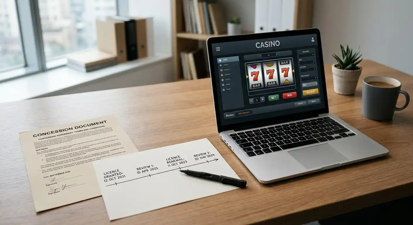 Neutraler Konzessionsauszug neben Laptop mit unmarkierter Casino-Oberfläche