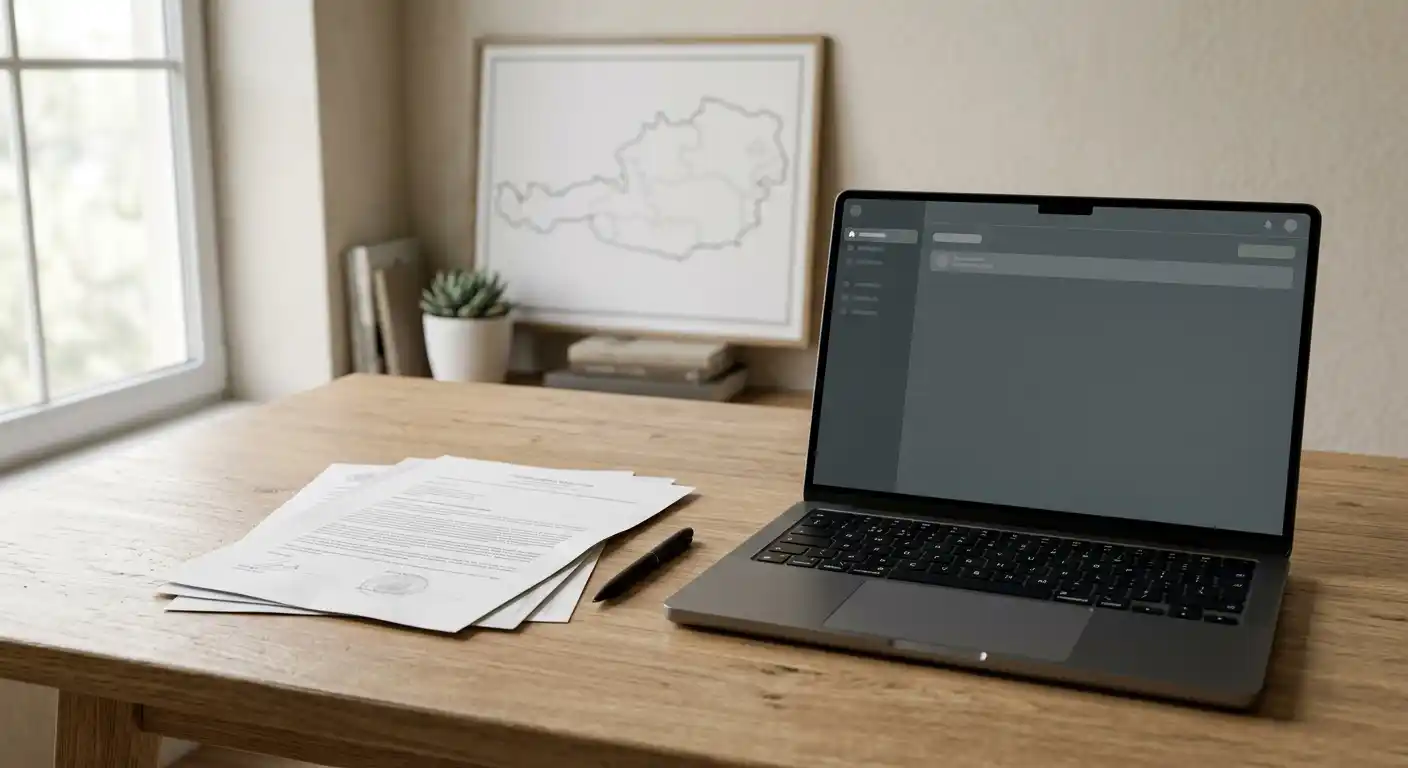 Neutrale österreichische Konzessionsunterlagen neben einem Laptop ohne Markenlogo