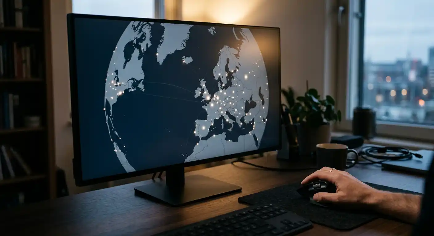 Weltkarte mit Lichtpunkten auf einem Bildschirm, symbolisch für international lizenzierte Anbieter