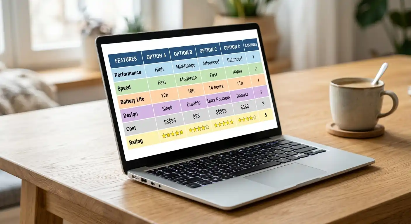 Laptop-Bildschirm mit Online-Casino-Vergleichstabelle — Lizenzen und Auszahlungszeiten