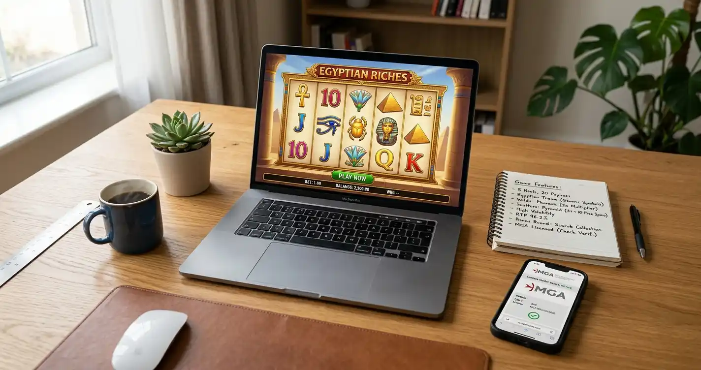 Moderner Arbeitsplatz mit der Auswertung eines ägyptischen Spielautomaten für österreichische Nutzer