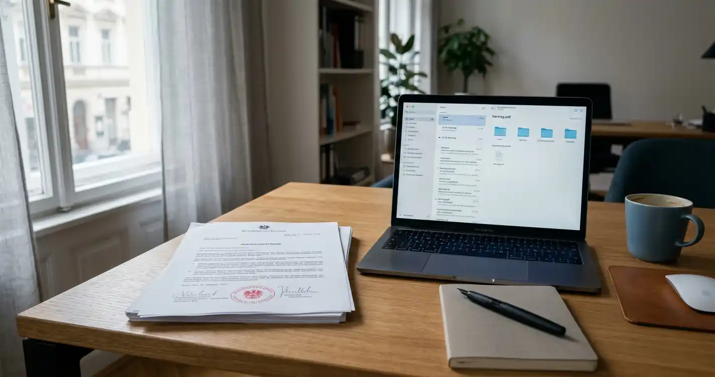 Schreibtisch mit österreichischen Rechtsdokumenten und Laptop für Casino-Rückforderung