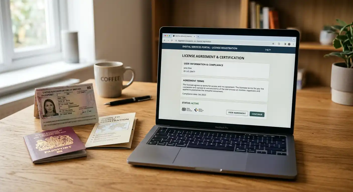 Laptop auf einem Schreibtisch zeigt eine Online-Casino-Webseite mit Lizenzangaben