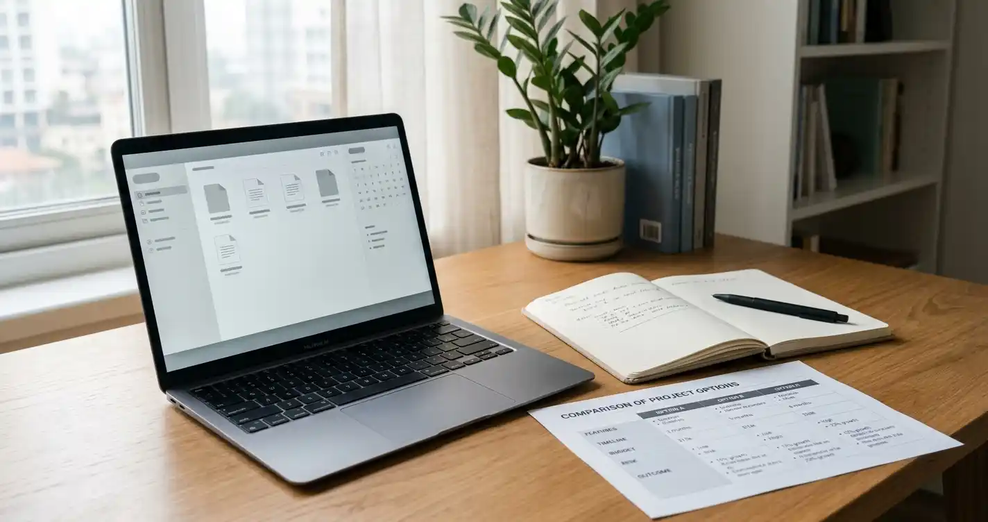 Hero-Bild: Schreibtisch mit Laptop, offenem Bonus-Vergleichsdokument und Notizbuch mit Stift