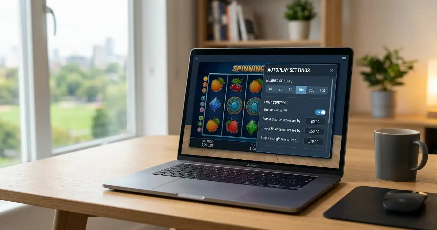 Moderne Slot-Oberfläche mit Autoplay-Button und Einstellungsmenü auf Laptop-Bildschirm