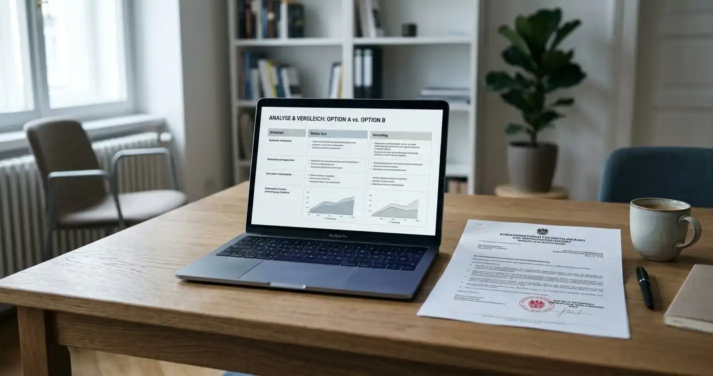 Schreibtisch mit Laptop und geöffnetem österreichischen Konzessions­dokument