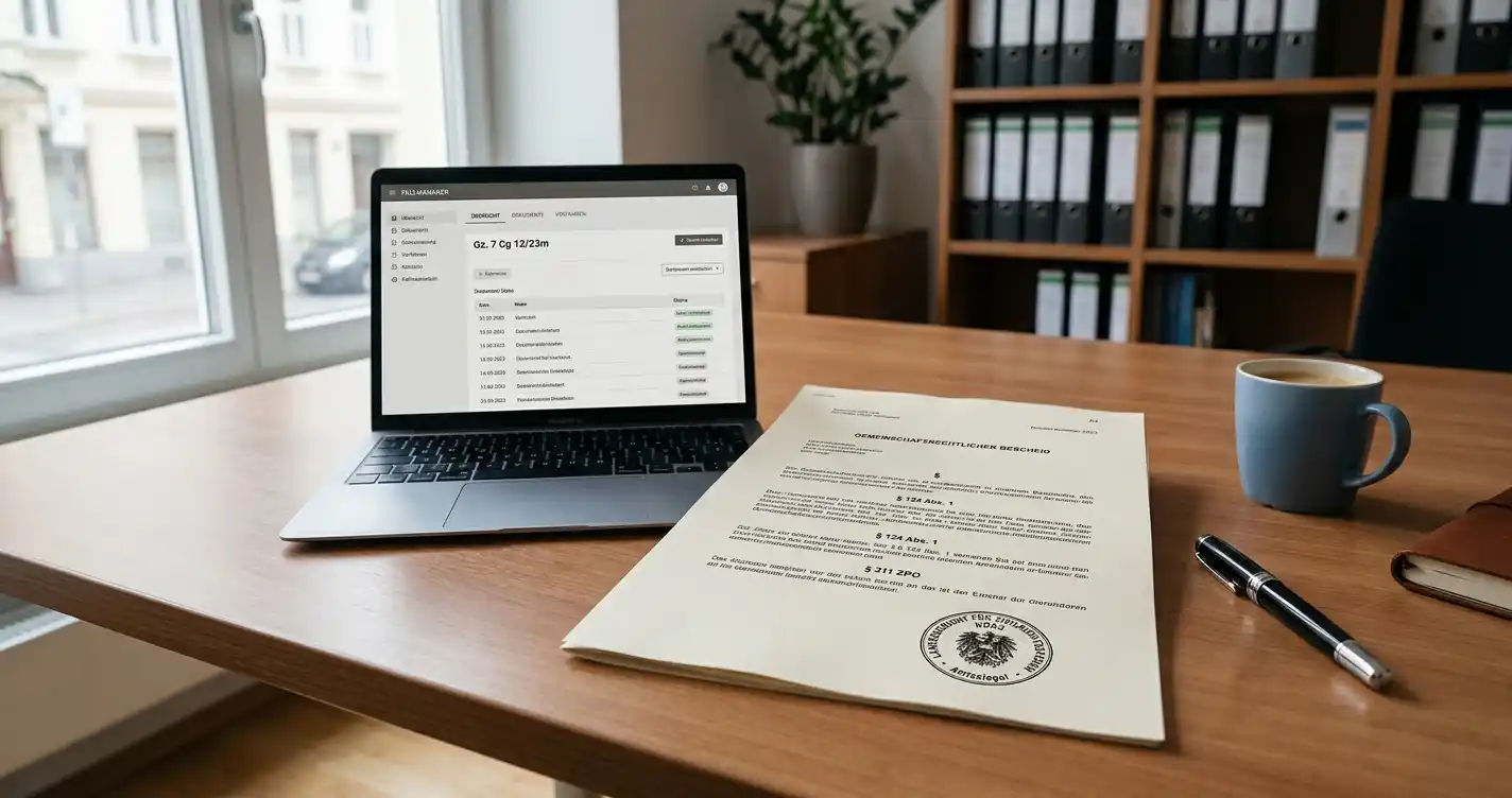 Österreichisches Rechtsdokument mit Paragraphenzeichen und Gerichtsurteil auf Schreibtisch
