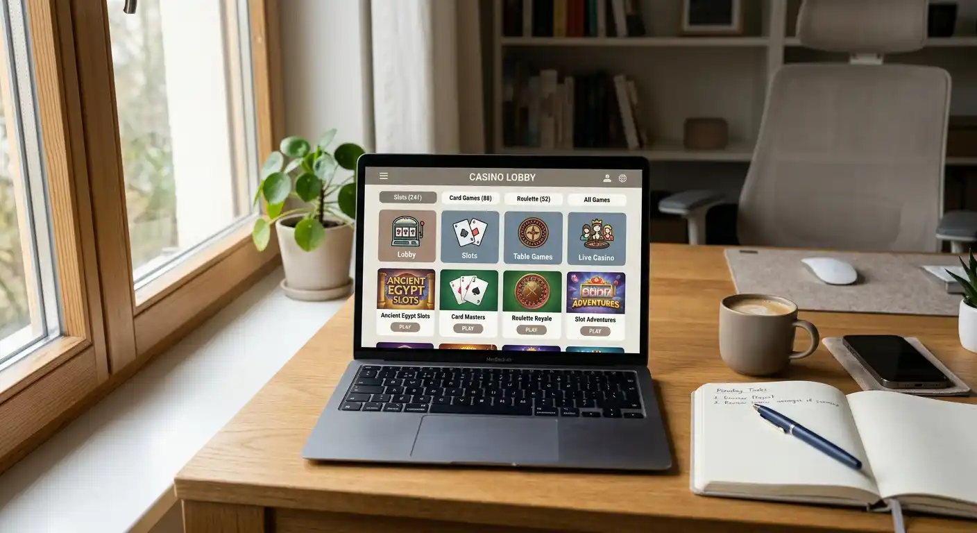 Laptop mit geöffneter Online-Casino-Lobby auf einem aufgeräumten Schreibtisch, neutrales Tageslicht, keine Logos