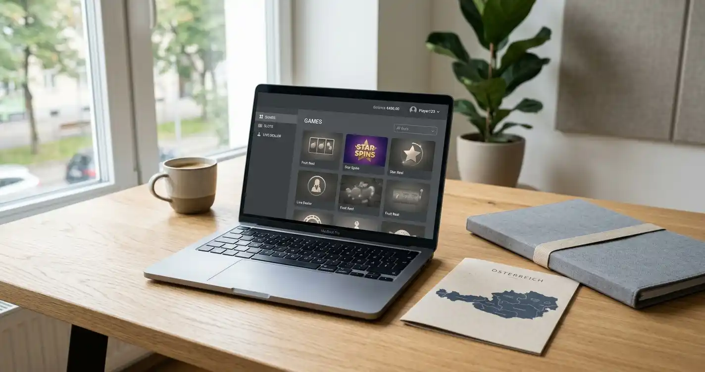 Laptop mit neutraler Casino-Oberfläche und österreichischem Prüfvermerk