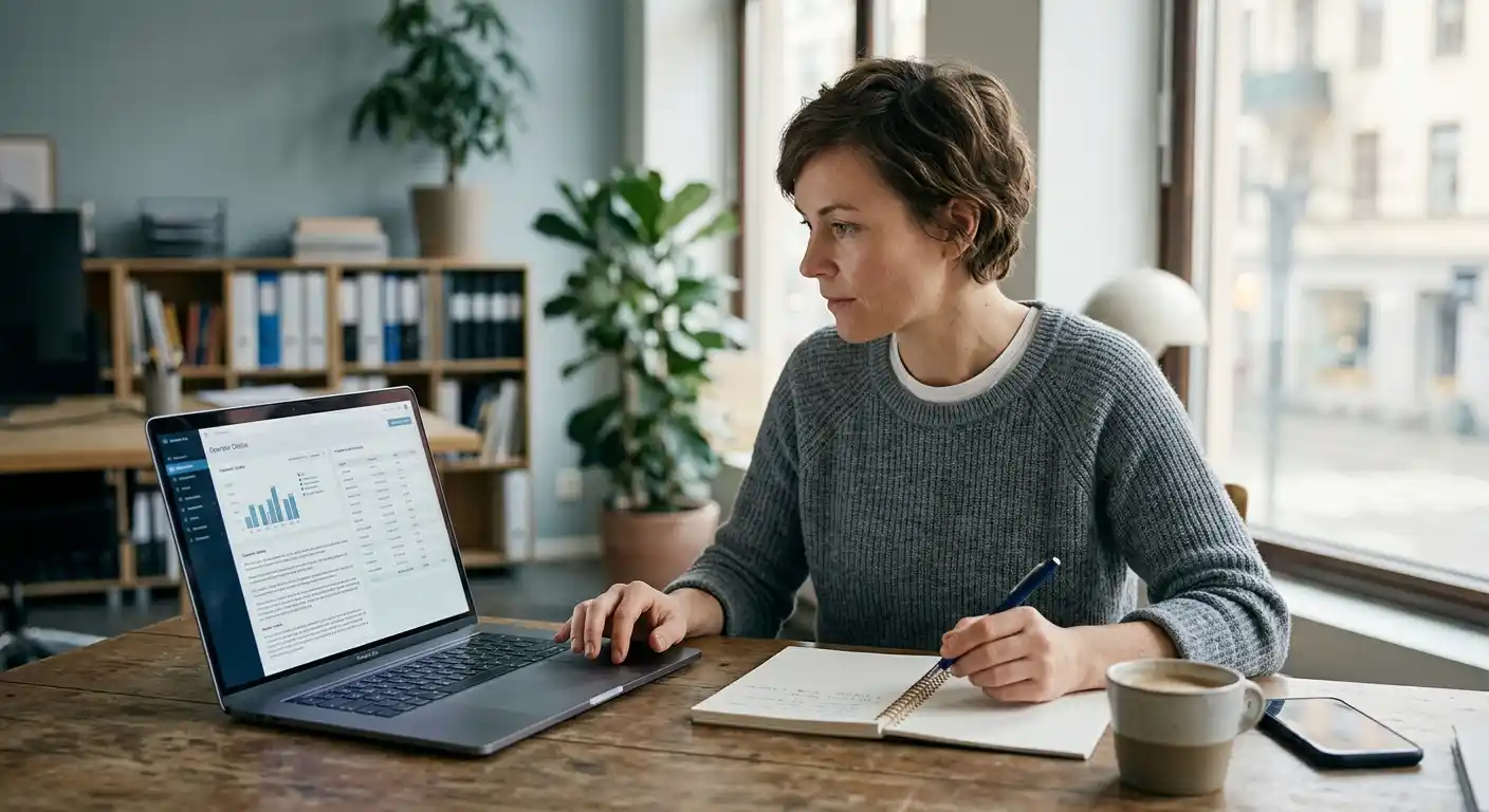 Person prüft auf einem Laptop Betreiberangaben und Zahlungsbedingungen
