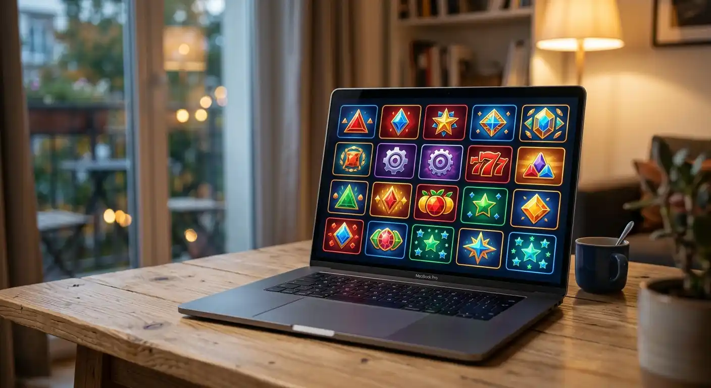 Laptop mit geöffneter Online-Casino-Spielbibliothek — umfangreiche Titelauswahl