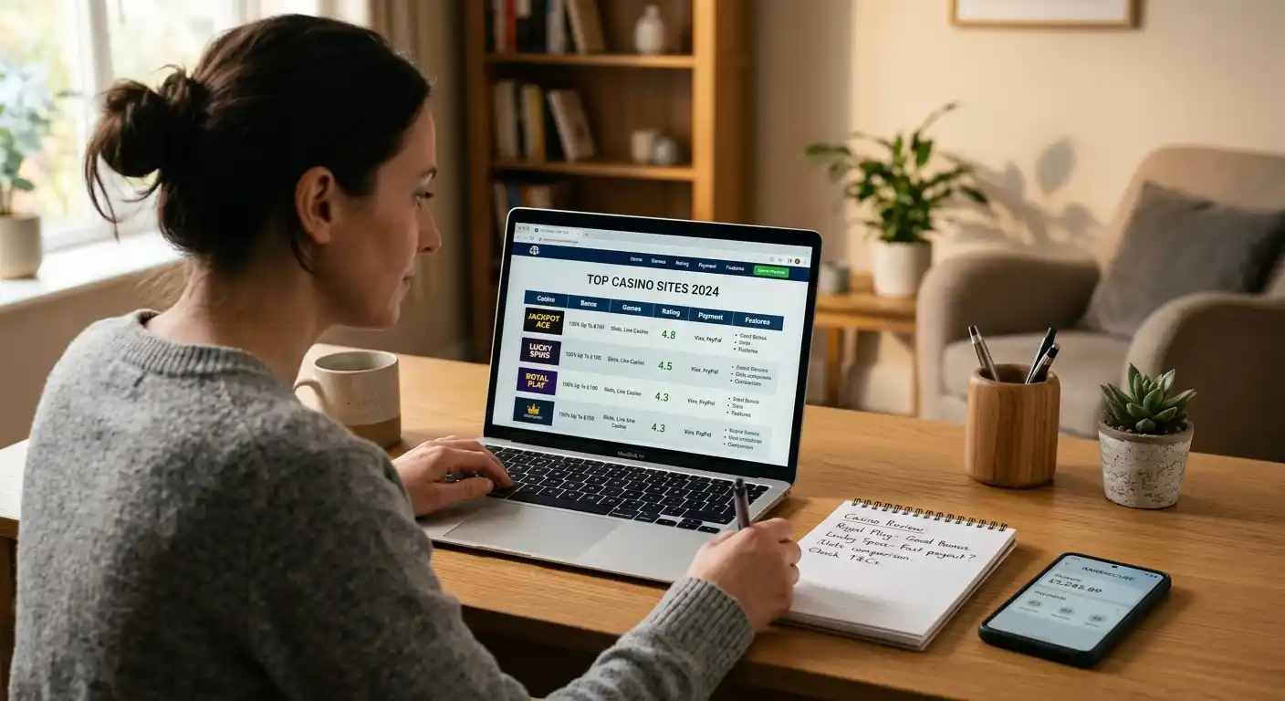 Person am Schreibtisch vergleicht Online-Casinos auf Laptop mit handschriftlichen Notizen