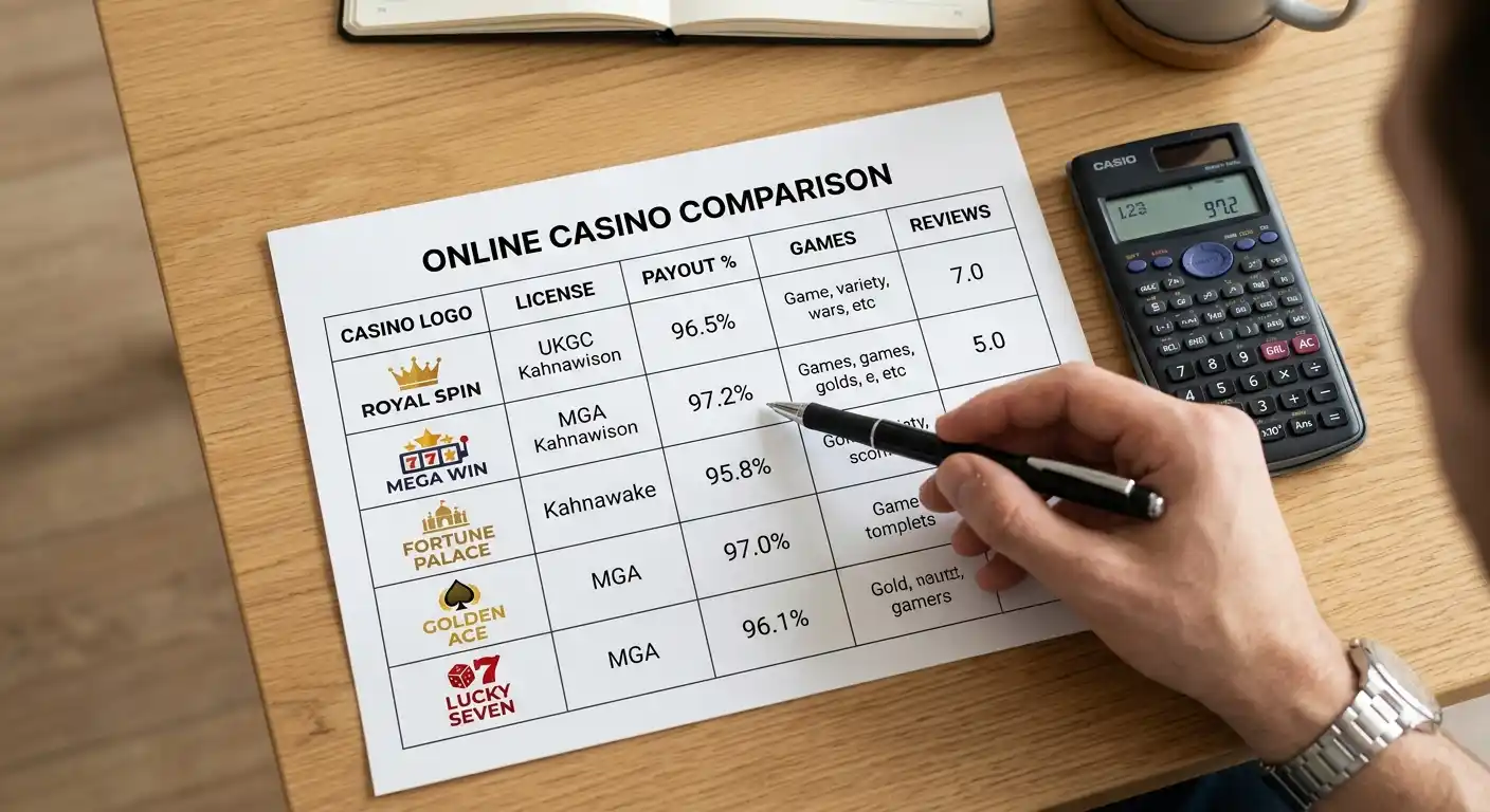 Vergleichstabelle mit acht Casino-Logos, Spalten für Lizenz und Auszahlung, Taschenrechner daneben
