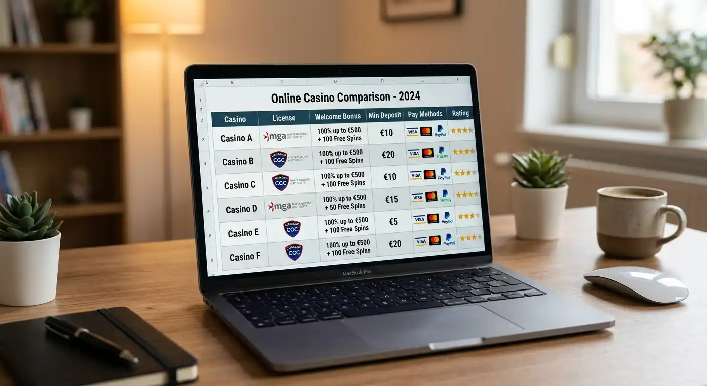 Vergleichstabelle verschiedener Online-Casinos auf Laptop-Bildschirm