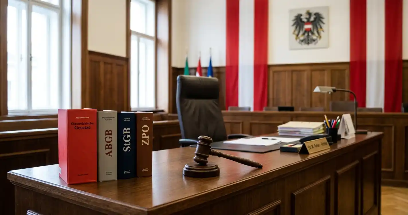 Österreichischer Gerichtssaal mit Richterhammer und Paragrafensymbolen