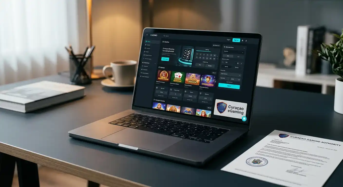 Laptop mit Casino-Interface und Curaçao-Lizenz-Dokumentation auf dem Schreibtisch