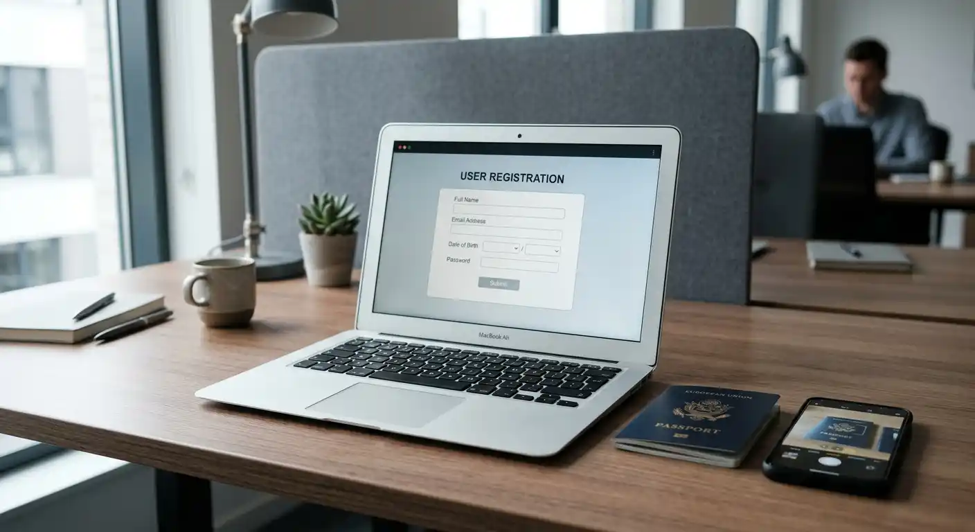 Stille Büroumgebung mit aufgeklapptem Laptop, der eine Casino-Registrierungsseite zeigt, daneben ein Reisepass und ein Smartphone mit Kamera-Anwendung