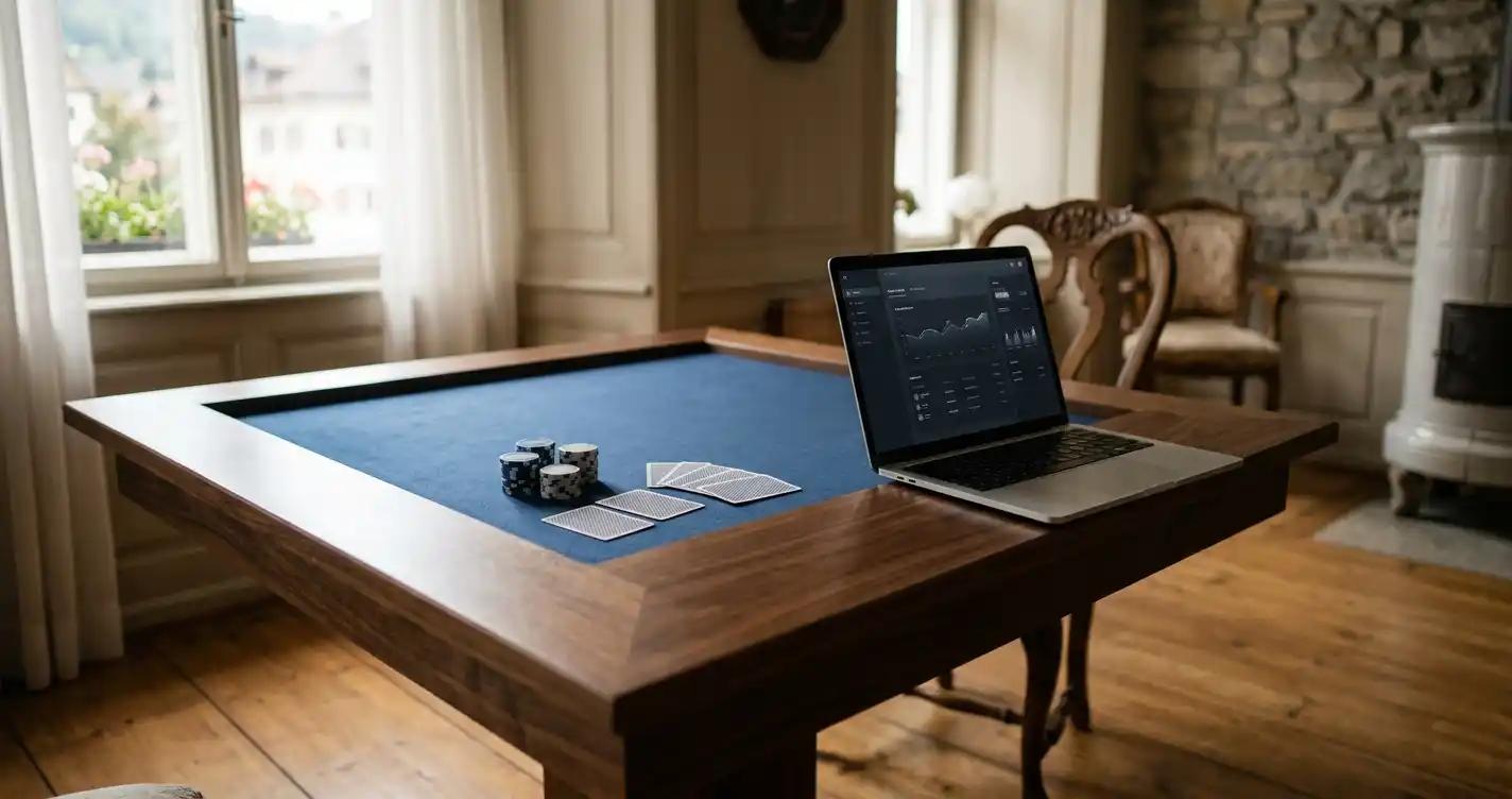 Neutrale Pokertische neben einem Laptop in österreichischer Umgebung