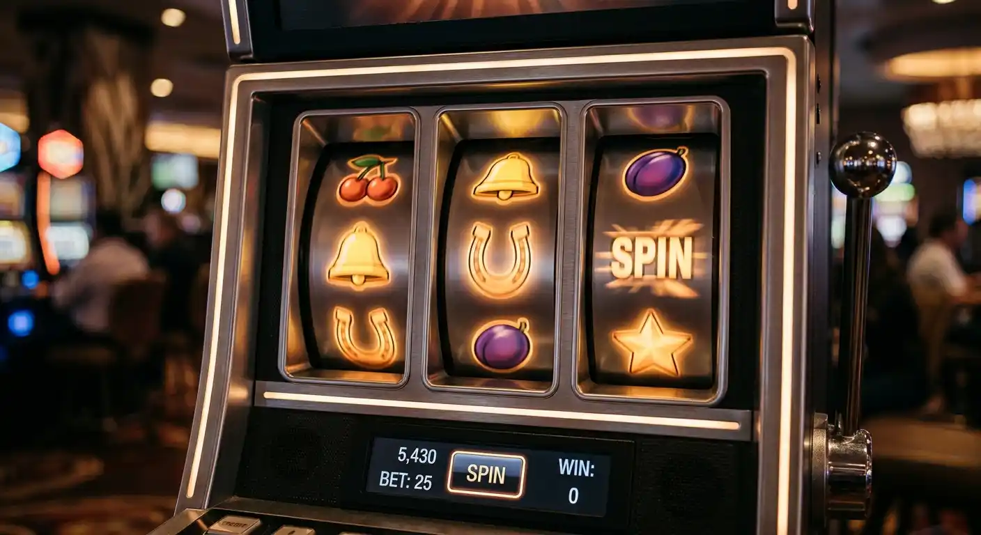 Nahaufnahme von Casino-Spielautomaten mit leuchtenden Walzen und Scatter-Symbolen
