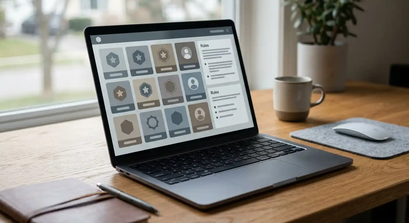 Laptop mit neutralen Spielkacheln und lesbaren Bedingungen ohne Markenlogos