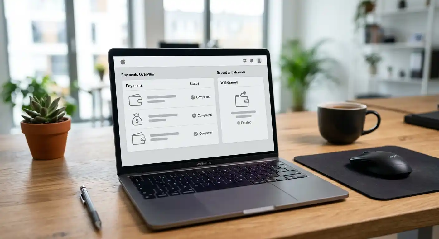 Laptop mit neutralen Zahlungsoptionen und Auszahlungsstatus