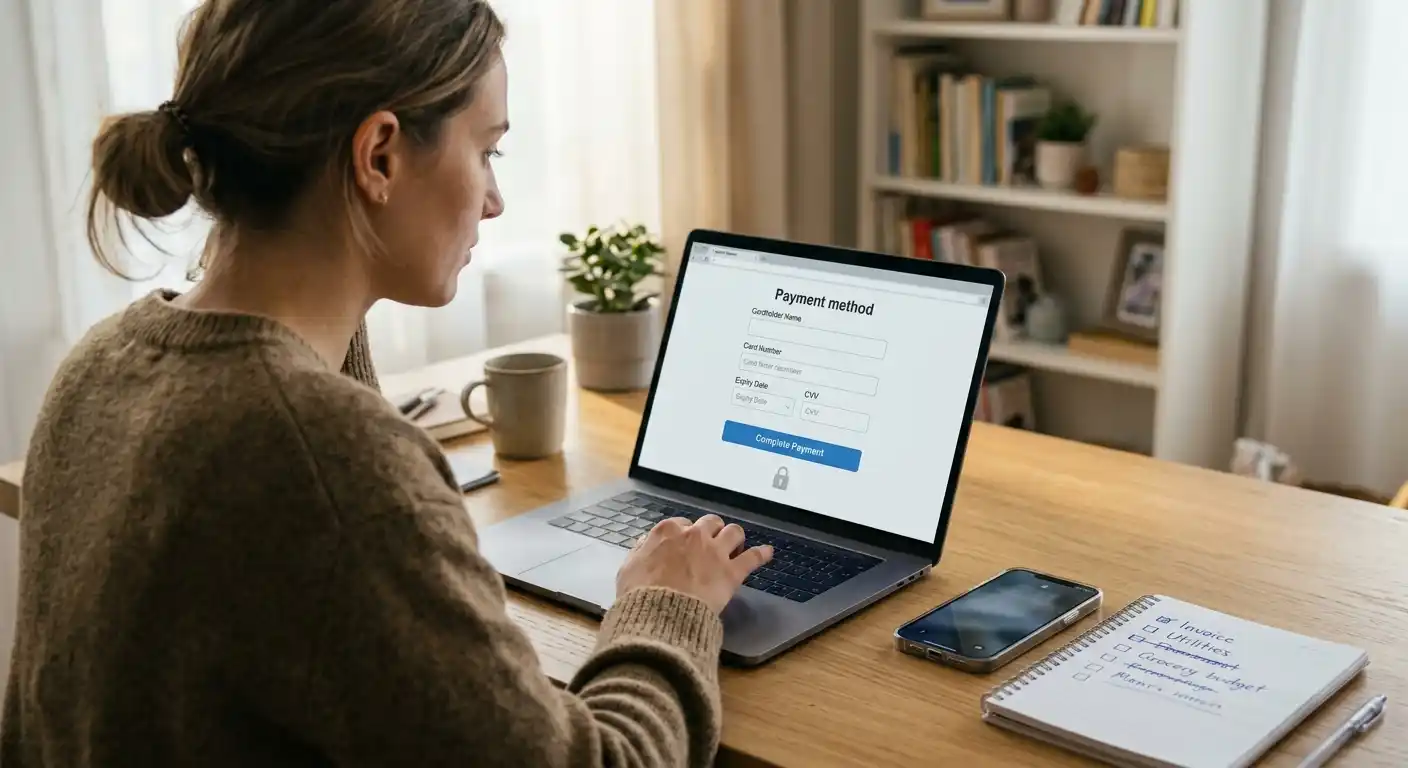 Person prüft neutrale Zahlungsarten auf einem Laptop ohne Markenlogos