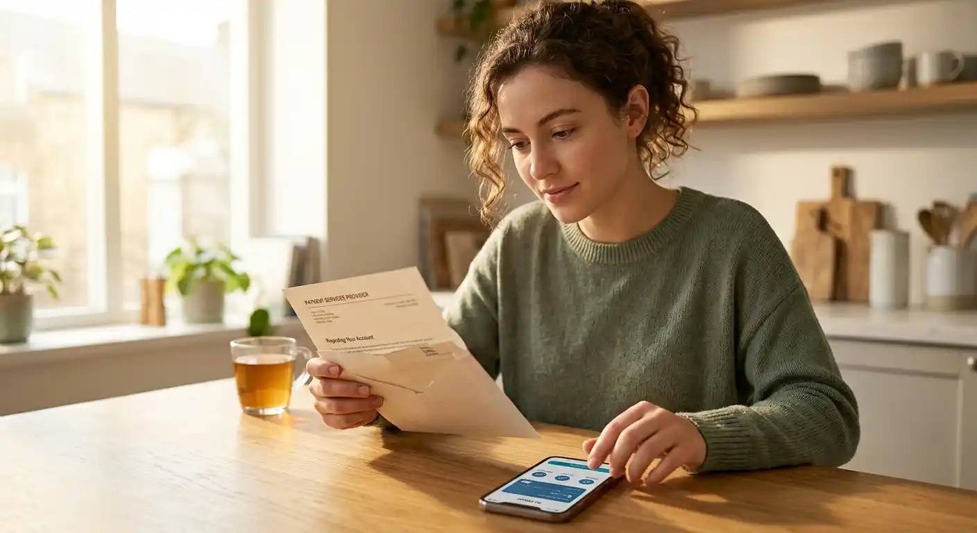 Person öffnet Brief eines Zahlungsdienstleisters neben Smartphone mit E-Wallet-Anwendung
