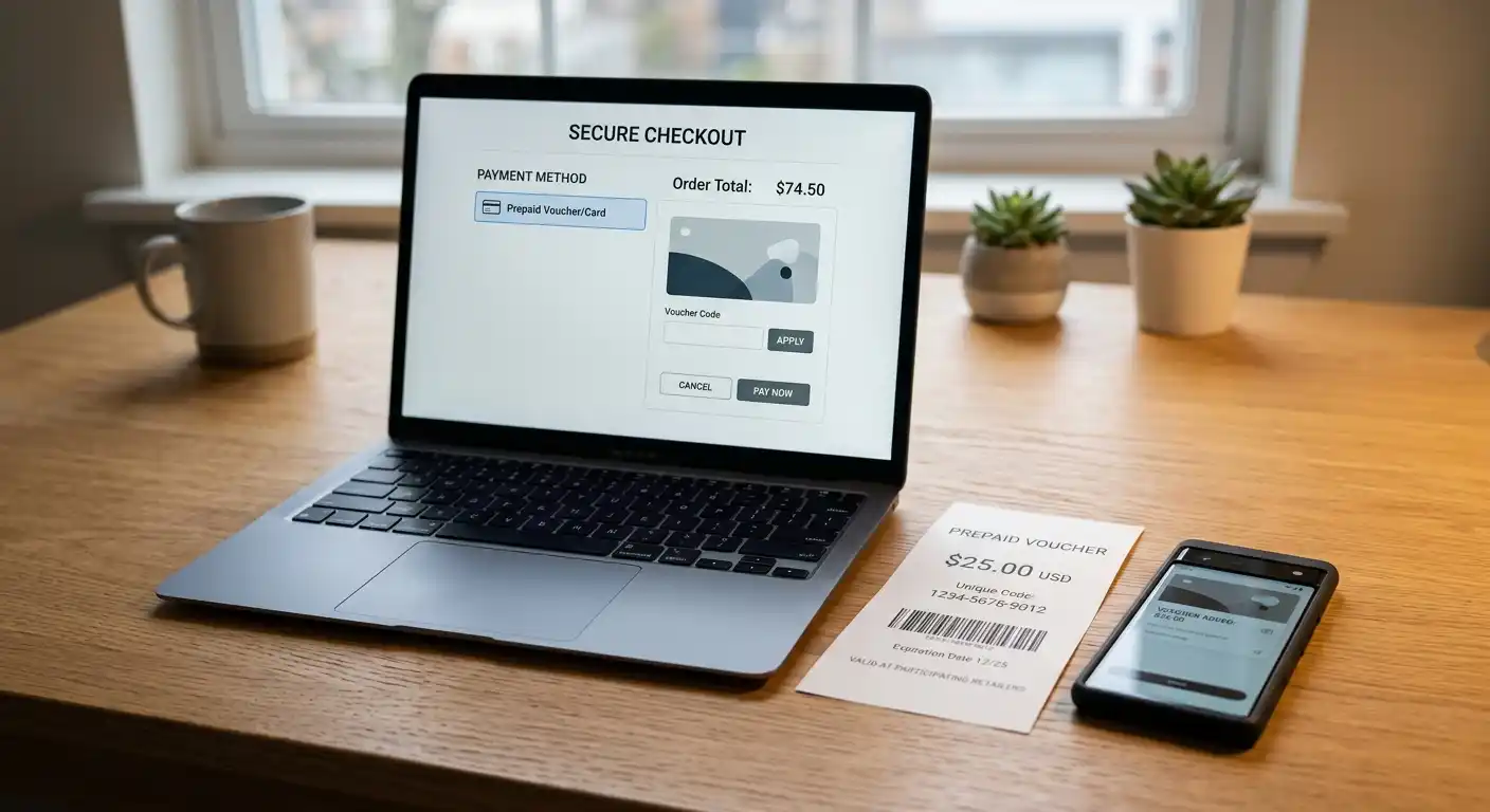 Prepaid-Zahlung mit neutralem Gutscheinbeleg neben einem Laptop ohne Markenkennzeichen