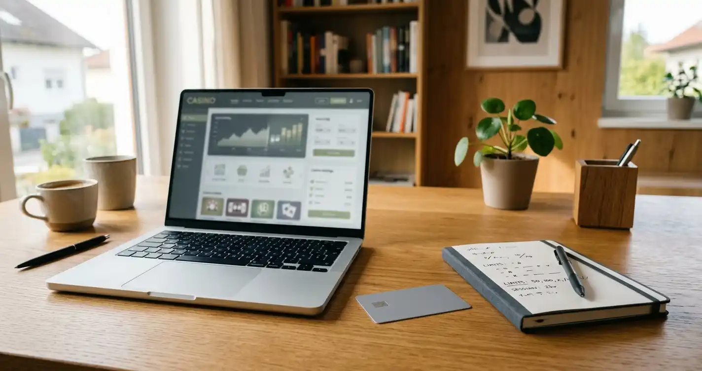 Schreibtisch mit Paysafecard-PIN, neutralem Laptop und österreichischem Notizbuch