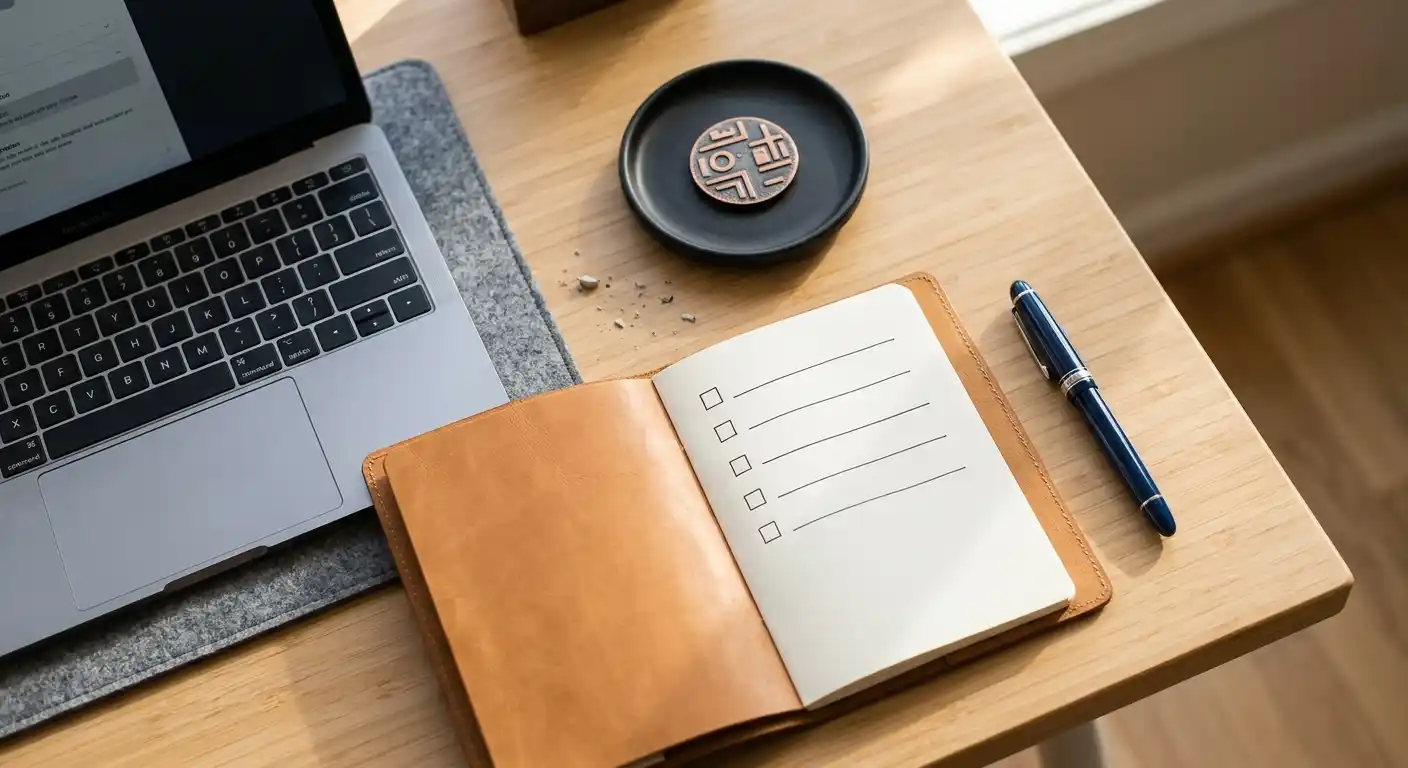 Checkliste für Lizenz, Paysafecard, Bonus und Auszahlung auf einem neutralen Schreibtisch