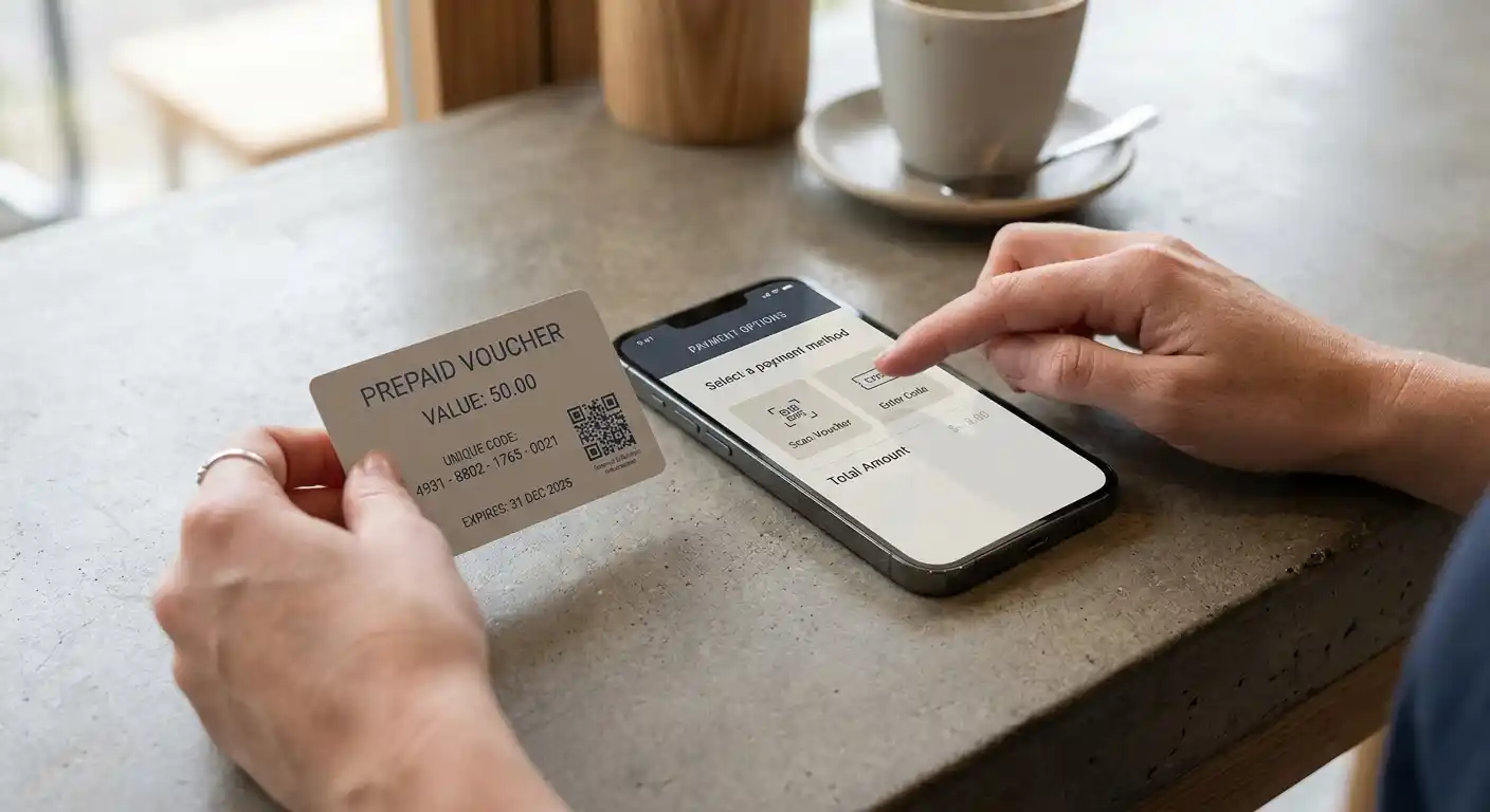 Prepaid-Gutschein und Smartphone mit neutraler Zahlungsansicht ohne Markenlogo