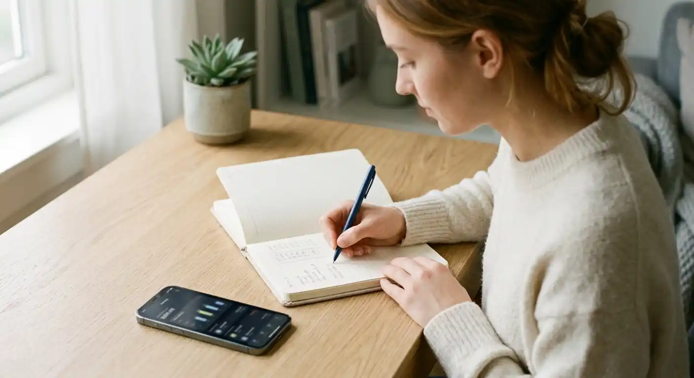 Person notiert ein persönliches Einzahlungsbudget auf Papier neben einem Smartphone