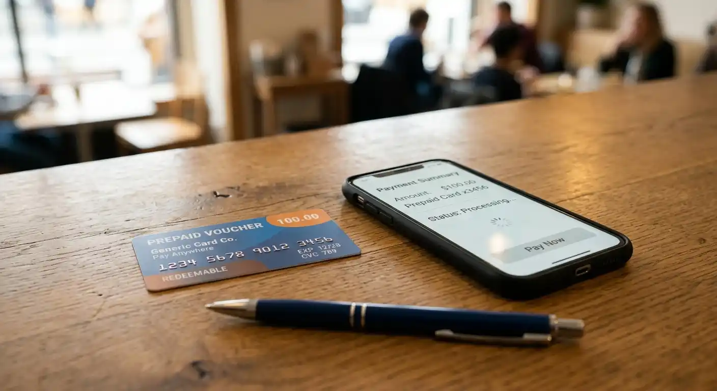 Nahaufnahme einer Paysafecard-PIN und eines Smartphones mit mobiler Bezahlung