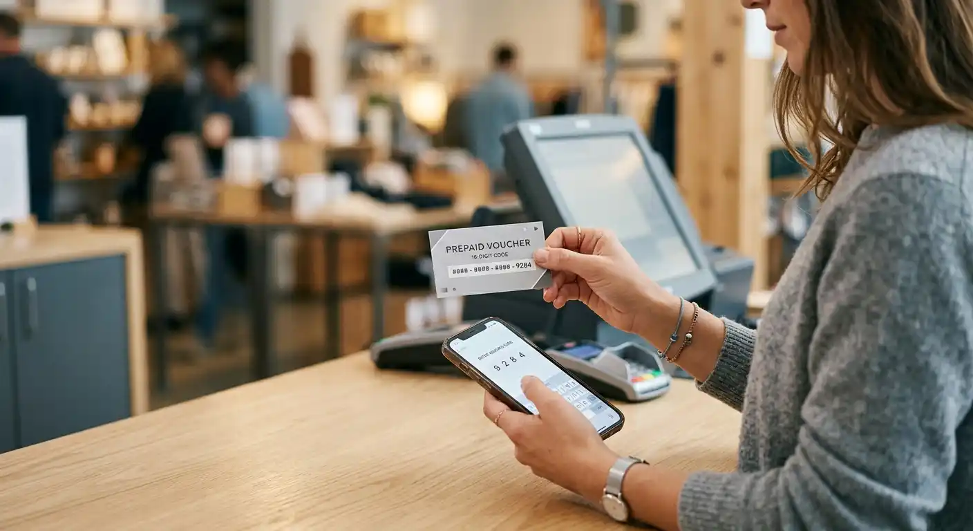 Prepaid-Karte und Smartphone mit Eingabemaske für einen 16-stelligen PIN an einer Tankstellenkasse