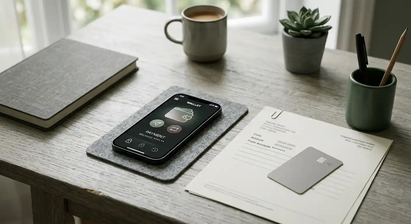 Ruhiger Schreibtisch mit neutralen Symbolen für E-Wallet, Banküberweisung und Prepaid-Zahlung
