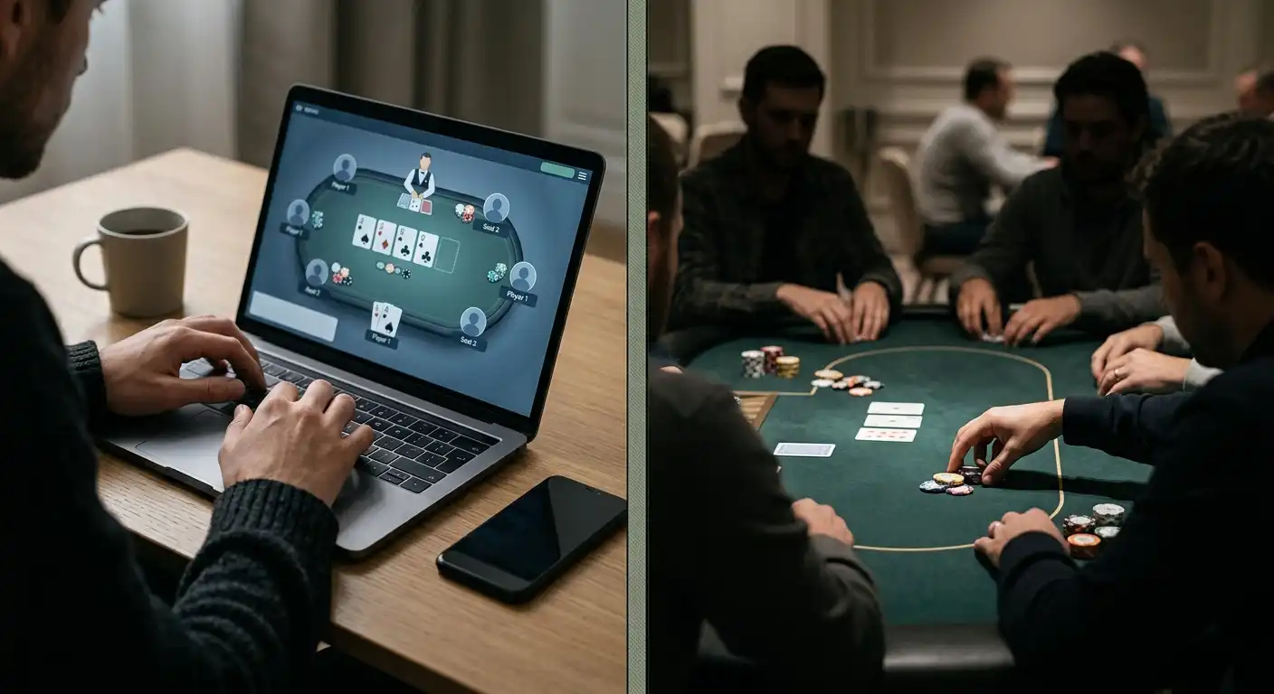 Zwei getrennte Spielsituationen: Online-Pokerraum und stationärer Pokertisch