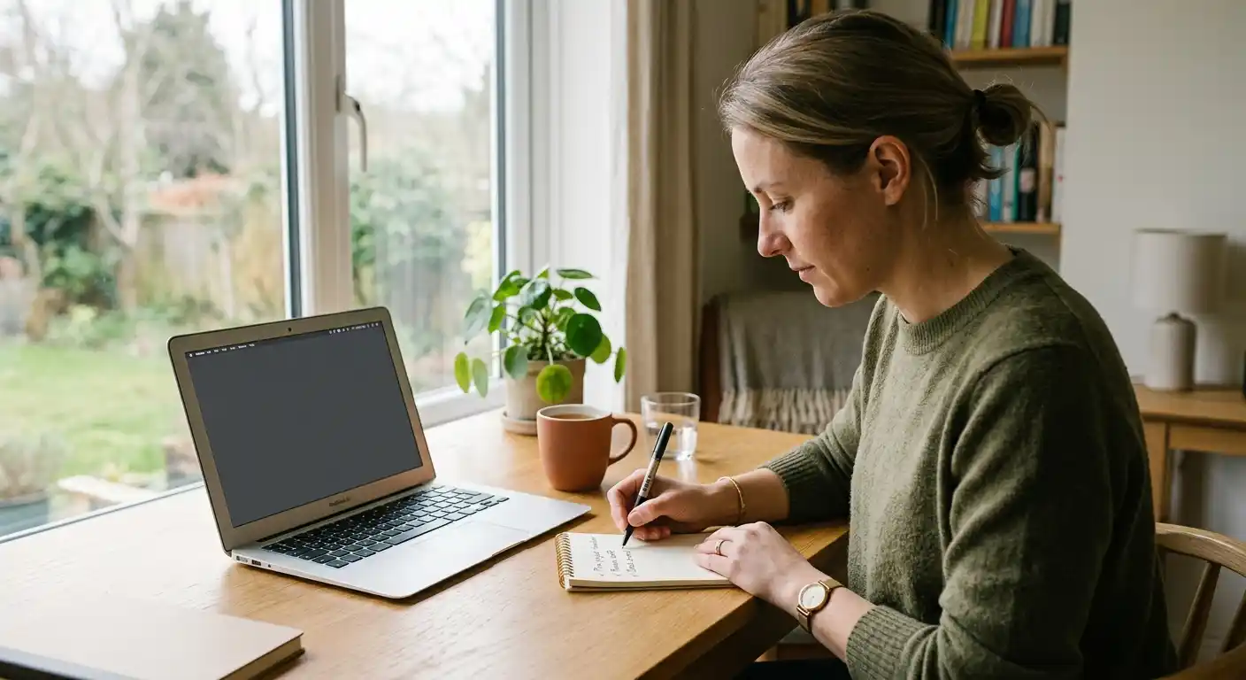 Person notiert eine Prüfliste mit Stift neben einem Laptop mit neutraler Ansicht