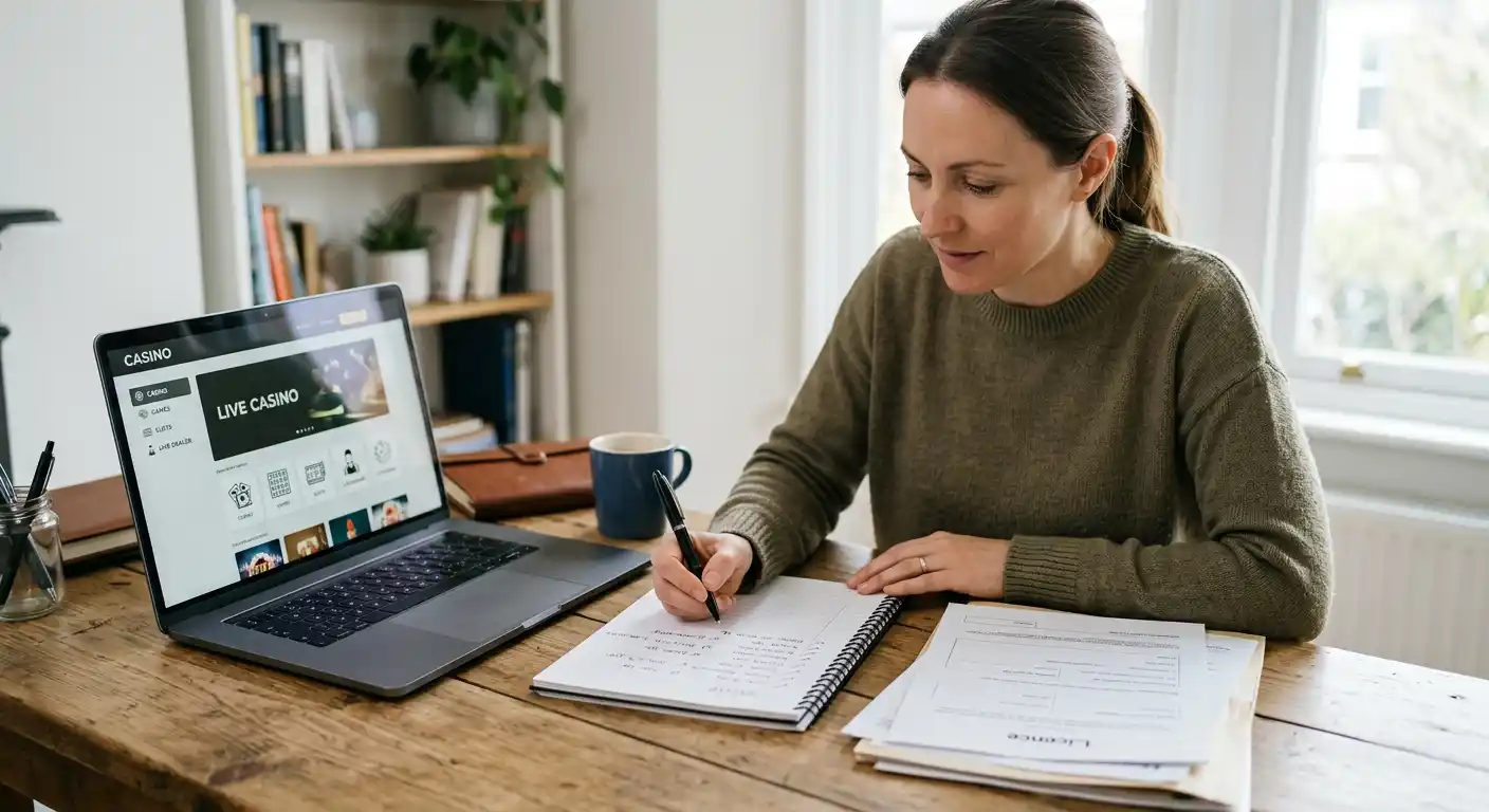 Person checking operator details, licence information and payment conditions on a tidy laptop workspace
