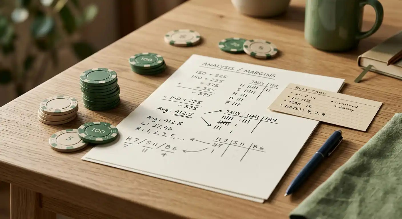 Neutrale Notizen zu Quoten und Kommission neben Spielmarken