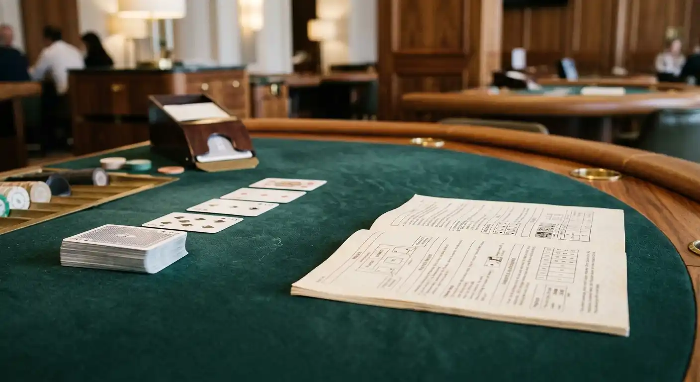 Punto Banco Karten und neutrale Regelkarte auf einem Spieltisch